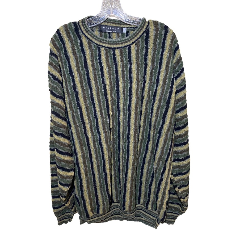 Protege Collection Mens LT VTG Vertical Stripe Crewneck Sweater Green Made USA